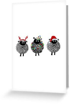 three black sheep with christmas hats on their heads are standing side by side greeting card