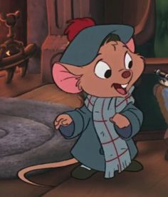 a cartoon mouse with a hat and coat on