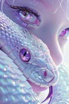 a close up of a woman's face with blue eyes and purple snakes skin