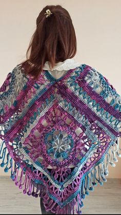 One Size Bohemian Purple Poncho, Purple Bohemian Shawl For Winter, Bohemian Hand Knitted Purple Shawl, Handmade Purple Winter Shawl, Handmade Purple Shawl For Winter, Knit Granny Square, Granny Square Patchwork, Patchwork Poncho, Crochet Triangle Shawl