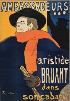 an old poster with a man in a hat and scarf holding a stick, wearing a black hat