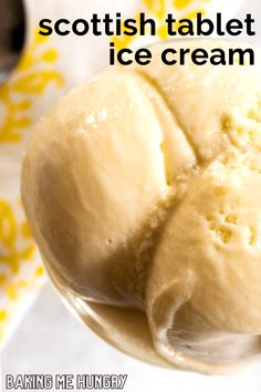 two scoops of ice cream in a glass bowl with the words scottish table top ice cream