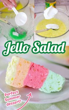 the ingredients for jello salad are shown in three different colors, including pink, yellow and green