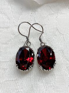 Red Garnet CZ Earrings, Sterling Silver Filigree, Edward #E70, Vintage Reproduction Jewelry, Silver Embrace Jewelry Elegant Ruby Earrings Nickel-free, Elegant Ruby Earrings Nickel Free, Elegant Handmade Red Crystal Earrings, Classic Red Ruby Earrings, Classic Ruby Red Earrings, Elegant Oval Garnet Earrings, Classic Red Nickel-free Earrings, Red Oval Earrings For Formal Occasions, Formal Red Oval Earrings