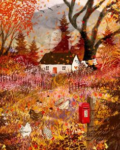 a painting of an autumn scene with a red mailbox in the foreground and a white house in the background