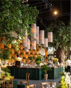 an indoor bar with plants and hanging lights