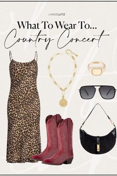 Got your next country concert booked and planning your outfit? Here is one of my favorite looks for any concert. You can't go wrong with a fun dress or top piece, some simple jewelry, and of course a pair of statement cowboy boots! As long as your can dance along, you're going to have the best time! Find these pieces here! Dress With Cowboy Boots, Leopard Slip Dress, Country Concert Outfit Ideas, Concert Outfit Ideas, Rodeo Outfits, Country Concert Outfit, Fun Dress, Country Concert