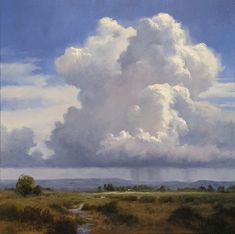 an oil painting of a large cloud in the sky over a grassy field with trees