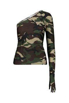 Vetements asymmetric top with glove sleeves in camouflage print, zip on the sleeve to reveal the hand Glove Sleeves, Anti Fashion, Asymmetric Top, Top Clothing, Camouflage Print, Asymmetrical Tops, Off The Shoulder Top, The Hand, Yoga Wear