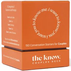 the know couples deck is an orange box with white lettering on it and two stacks of cards