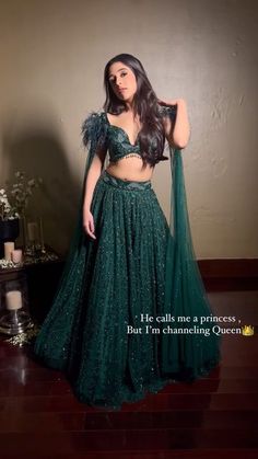 Trending Sangeet Outfits, Cocktail Night Outfit Indian, Green Reception Lehenga, Emerald Green Lengha, Emerald Lehenga, Trending Lehenga Designs, Reception Looks, Jumpsuit Outfit Wedding