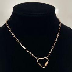 The Heart Carabiner Necklace 🤍 18k gold plated stainless steel at the length of your choice! (If you don't see your desired length in the drop down menu, send me a message. I am always happy to customize!)  ✨ the carabiner clip is fully functional- you can open it and add charms to it!  Hypoallergenic & tarnish resistant 😊 Made with love 🫶 Gold Open Heart Necklace With Lobster Clasp, Gold Stainless Steel Heart Necklace For Everyday, Everyday Gold Heart Necklace In Stainless Steel, Everyday Gold Stainless Steel Heart Necklace, Chain Link Necklace With Carabiner Clasp For Gift, Gold Heart-shaped Paperclip Chain Necklace, Gold Heart Necklace With Paperclip Chain For Everyday, Gold Heart Necklace With Paperclip Chain For Valentine's Day, Gold Chain Necklace With Heart Charm