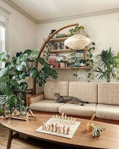 a living room filled with furniture and plants