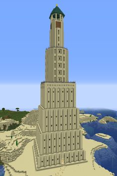 a very tall tower with a clock on it's side in the middle of an island