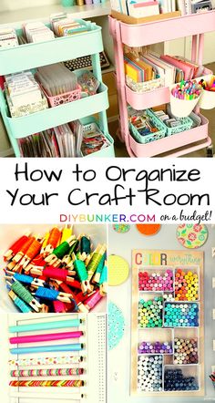 an organized craft room with lots of crafting supplies and crafts on the shelves, including crayons