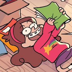 a cartoon character laying on the floor reading a book