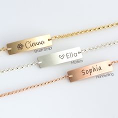 "Personalized Baby Bracelet, Baby Gift, Baptism Bracelet, Gold Baby Bracelet, Engraved Bar Bracelet, Baby Girl Gift, Flower Girl Bracelet This bar is the perfect personalized baby bracelet that can be engraved on both sides with names, words, dates, short phrases and more. Engraved and hand assembled with care and love, it comes in 14k gold fill, rose gold fill, or sterling silver. The perfect gift for your little one! HOW - TO - ORDER - & - PERSONALIZE 1. Select your options from the drop d Adjustable Engraved Name Bracelet For Bridesmaid Gift, Adjustable Name Bracelet With Rectangular Shape, Silver Name Bracelet For Bridesmaid Gift, Silver Name Bracelets For Bridesmaid Gift, Silver Personalized Bracelets For Bridesmaid Gift, Dainty Adjustable Jewelry For Baptism, Adjustable Silver Name Bracelet For Baptism, Custom Name Silver Jewelry For Baptism, Silver Name Jewelry For Baptism