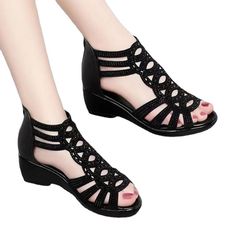 2024 Shoes for Women Soft Leather Roman Sandals Summer Fashion Soft Sole Outwear Wedge Shoes Casual Comfortable Wedges Sandals, Diamond Shoes, Mom Shoes, Soft Sandals, Comfortable Wedges, Chunky Heel Shoes, Wedges Shoes, Womens Chunky Heels