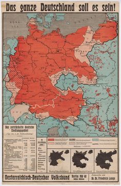 an old map with red and black areas in german language, including the country's capital