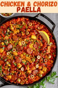 chicken and chorizo paella in a cast iron skillet