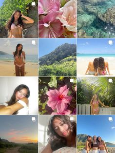 several pictures of women in bikinis and flowers on the beach, one is taking a selfie with her cell phone