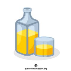 a bottle and glass filled with yellow liquid next to each other on a white background