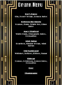 a black and gold dinner menu with the words drink menu written in white on it