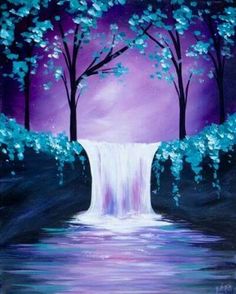 an acrylic painting of a waterfall with trees and purple sky in the background