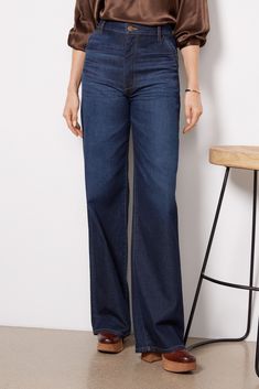 A dark blue wash and trouser-style pockets update the most-loved EVER Trouser jean by EVEREVE. Perfect for work, weekend, and everywhere in between, these polished jeans feature a relaxed full-length leg, high-rise fit, and soft stretch denim for all-day comfort. | EVEREVE Women's Ever Trouser Jeans, Size 29, Blue Denim 2023, Autumn Fashion Work, Bowl Meals, Flare Jeans Outfit, Anthropologie Clothing, Simple Wardrobe, School Wear, Fashion Pics, Fall Jeans