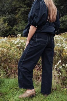 PRE-ORDER - SHIPS WITHIN APPROX 4-6 WEEKS High waist, classic five pocket styling, with more room in the hips and butt. Wide leg with a curved side seam creating a rounded barrel leg. All of our clothing is garment dyed with plants, and finished with a non-toxic enzyme wash. We do not use any chemicals or heavy metals Dark Wash Pants For Fall With Standard Cut Leg, Dark Wash Pants With Standard Cut Leg For Fall, High Rise Pants With Contrast Stitching For Fall, High Rise Pants With Patch Pockets For Fall, Dark Wash Pants For Fall, High Rise Dark Wash Pants With Seam Detailing, Classic Fall Jeans With Contrast Stitching, Classic Jeans With Contrast Stitching For Fall, Dark Wash Wide Leg Bottoms With Contrast Stitching