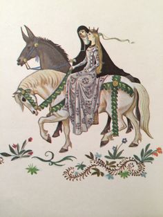 a woman riding on the back of a white horse next to a brown horse with green trim