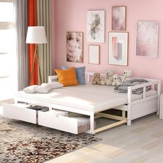 Wooden Daybed With Trundle And Two Storage Drawers Extendable Bed, Roll Out Bed, Pop Up Trundle, Bed Daybed