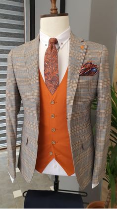 Orange Waistcoat, Male Neck, Checkered Suit, Suit Groom, Suits Men Business, Pieces Men, Mens Fashion Blazer