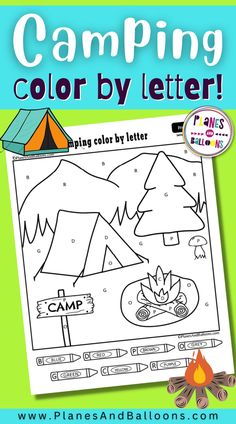 the camping color by letter worksheet is shown with an image of a tent and camp