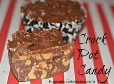 two pieces of chocolate and nuts on a striped tablecloth with the words crock pot candy