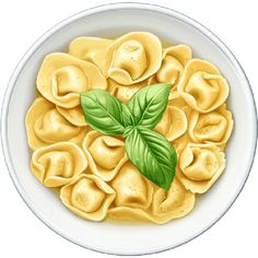 a white bowl filled with pasta and basil