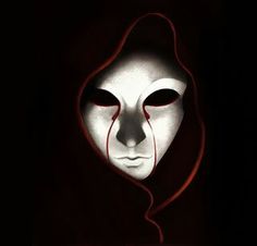 a person wearing a white mask with red lines on it's face in the dark