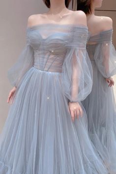 Long Sleeve Tulle Evening Dress, Prom Dress Long Sleeve, Prom Dress Blue, Tulle Long Prom Dress, A Line Prom Dress, Prom Dress Long, Tulle Evening Dress, Tulle Sleeves, Blue Evening Dresses