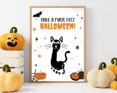 a halloween poster with a black cat on it next to pumpkins and jack - o'- lanterns