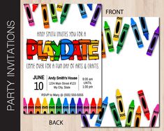 a party invitation with crayons and the word play date on it's back