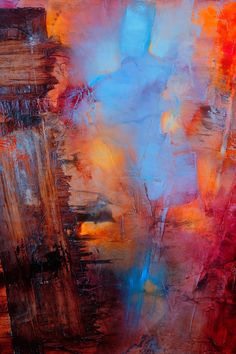 an abstract painting with blue, orange and red colors