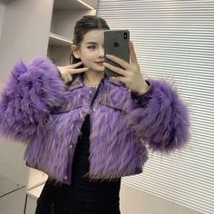 Women Real Leather Sheepskin Raccoon Fur Short Coat Cropped Jacket Winter Button Purple Long Sleeve Fur Coat With Faux Fur Trim, Purple Faux Fur Outerwear For Fall, Winter Purple Faux Fur Outerwear, Purple Faux Fur Winter Outerwear, Purple Faux Fur Outerwear For Winter, Purple Faux Fur Trim Coat For Fall, Purple Fur Coat For Fall, Purple Outerwear With Faux Fur Lining For Fall, Winter Outer