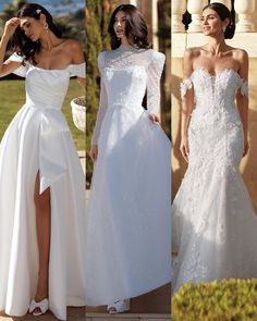 three different styles of wedding dresses with high slits on the sides and off the shoulder