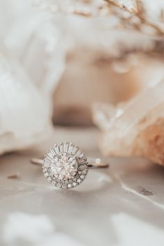 a diamond ring sitting on top of a table next to some rocks and dried flowers