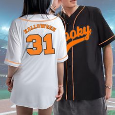 Halloween Baseball Jersey, Unisex Spooky Halloween 31 Shirt Full Button Down Closures.  Products are a unisex and standard fit. * Size down for a more feminine/fitted look. * Size up for a larger fit and oversized look. Please double-check size charts on the listing pictures. Since this are Custom Printed Shirts We do not accept exchanges or returns from ordering the incorrect size. Hip Hop Long Sleeve Halloween Tops, Hip Hop Halloween Long Sleeve Tops, Hip Hop Long Sleeve Tops For Halloween, Fitted Short Sleeve Baseball Jersey For College, Fitted Short Sleeve Baseball Jersey For Streetwear, Fitted Shirt For Halloween Streetwear, Hip Hop Black Tops For Halloween, Fitted Orange Tops For Halloween, White Top For Halloween Cosplay