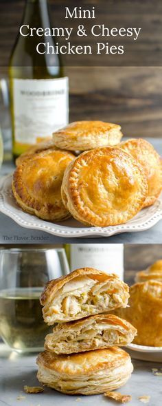 three different views of cheese and chicken pies on a plate with wine in the background