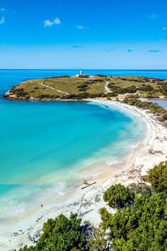 an aerial view of a sandy beach with clear blue water and green trees in the foreground