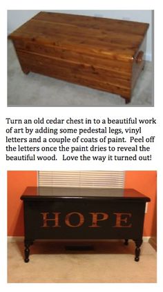 an old cedar chest in a beautiful work of art by adding some petal leaves, vinyl letters and a couple of coats of paint