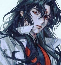 an anime character with long black hair and red eyes, holding his hand to his face