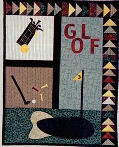 a quilt with golf related items on it